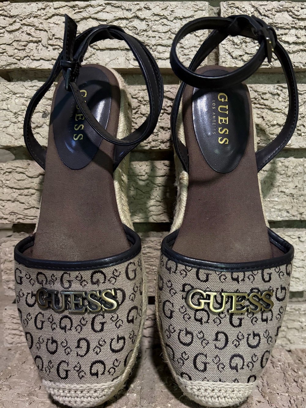 GUESS Beige Monogram Espadrille Wedges with Black Ankle Straps
